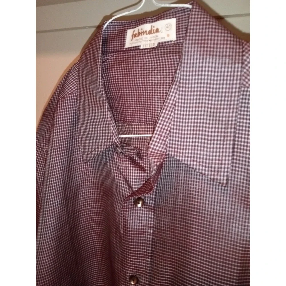Fabindia Checked Shirt Men's Sz 40 Long Sleeve Fitted Button Down Brown Burgundy